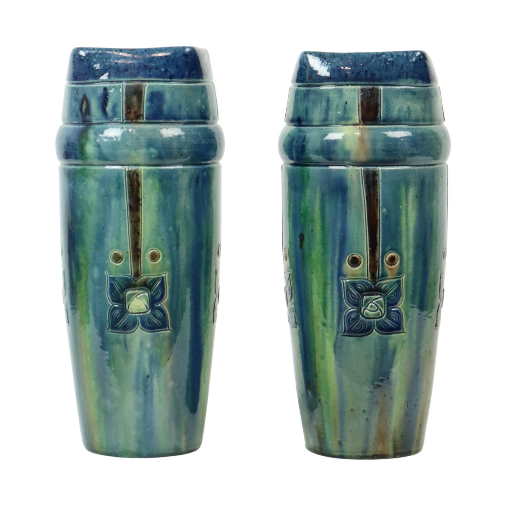 Pair of Blue Art Nouveau Vases Flemish Pottery Antiques