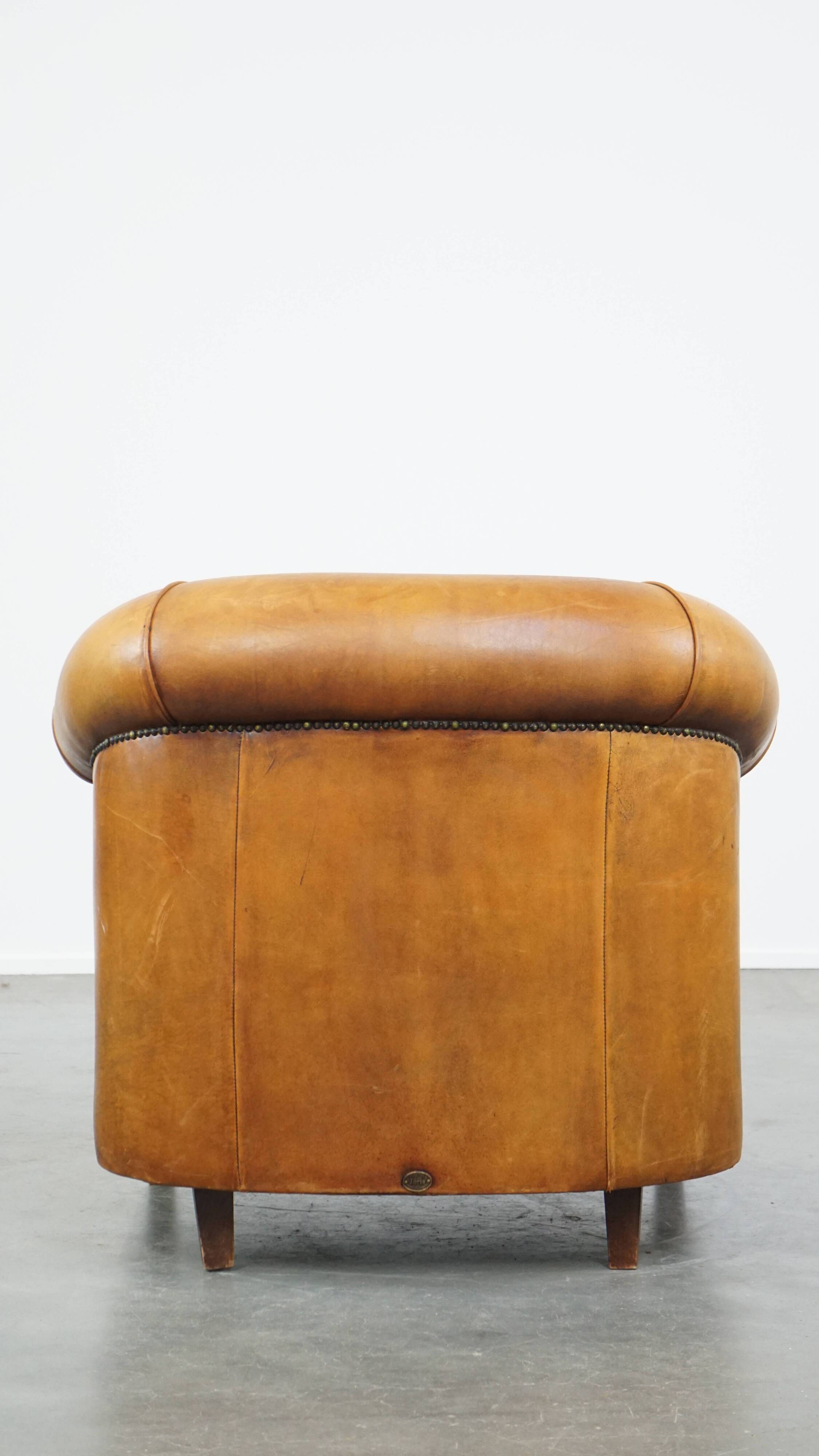 Fauteuil club vintage en cuir de mouton cognac clair