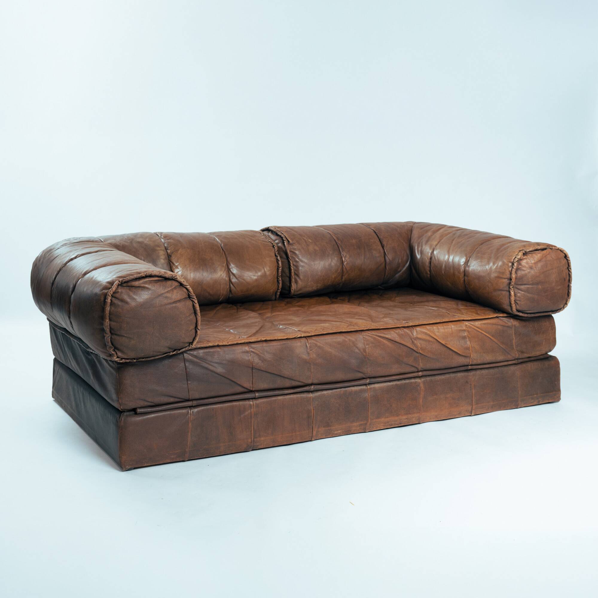 Brown Modular Leather Patchwork Sleeping Sofa Daybed, 1970s