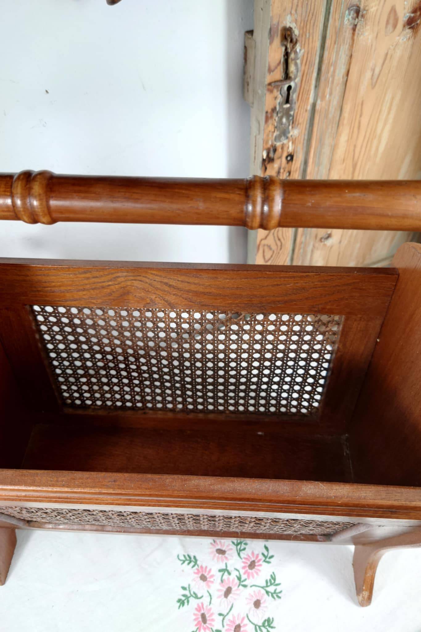 Antique wooden and cane magazine rack