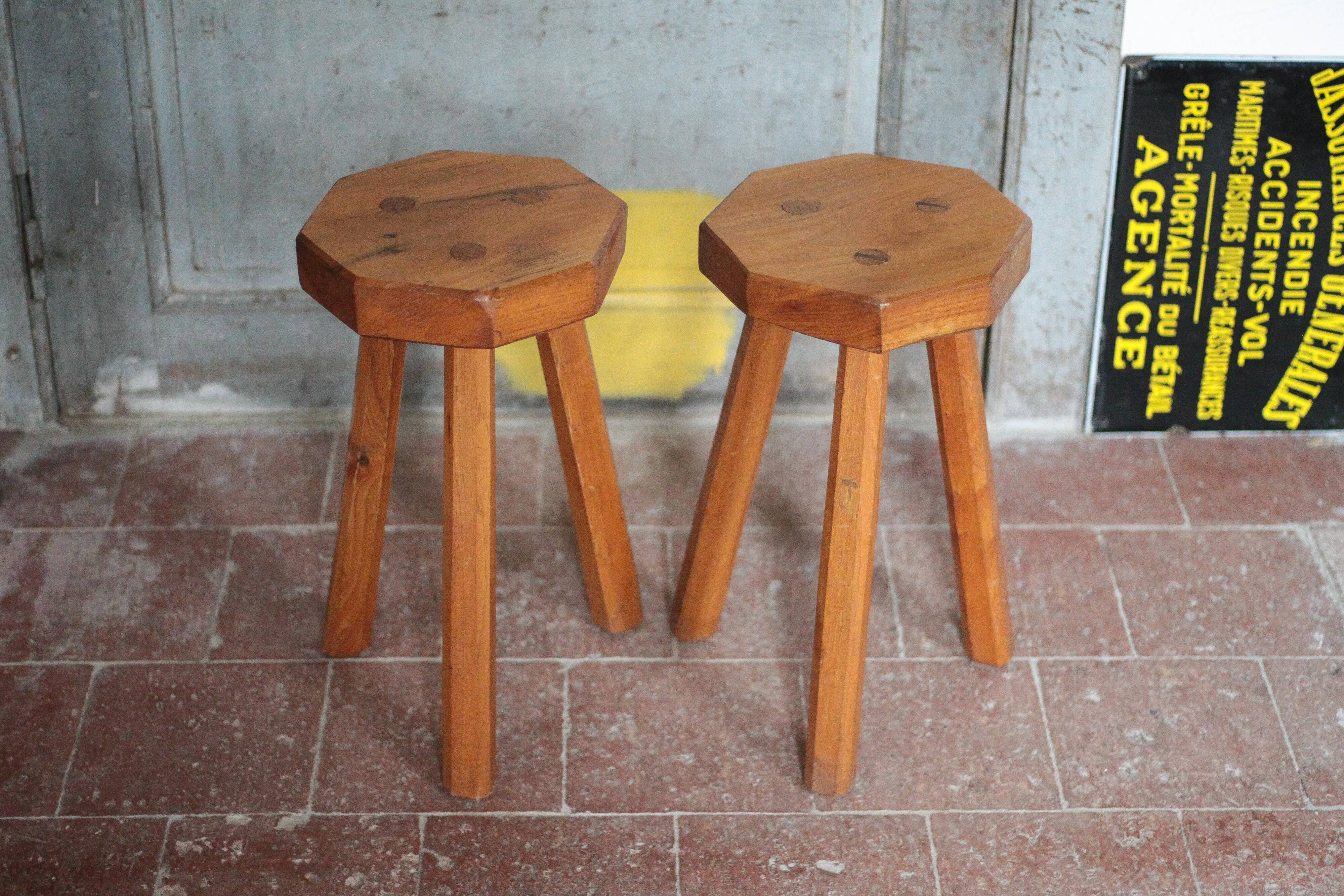 Paire de Tabouret vintage , tabouret bois octogonal , tabouret tripode