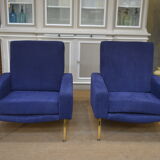 Pair of armchairs and ottoman vintage 1950 in blue velour and brass