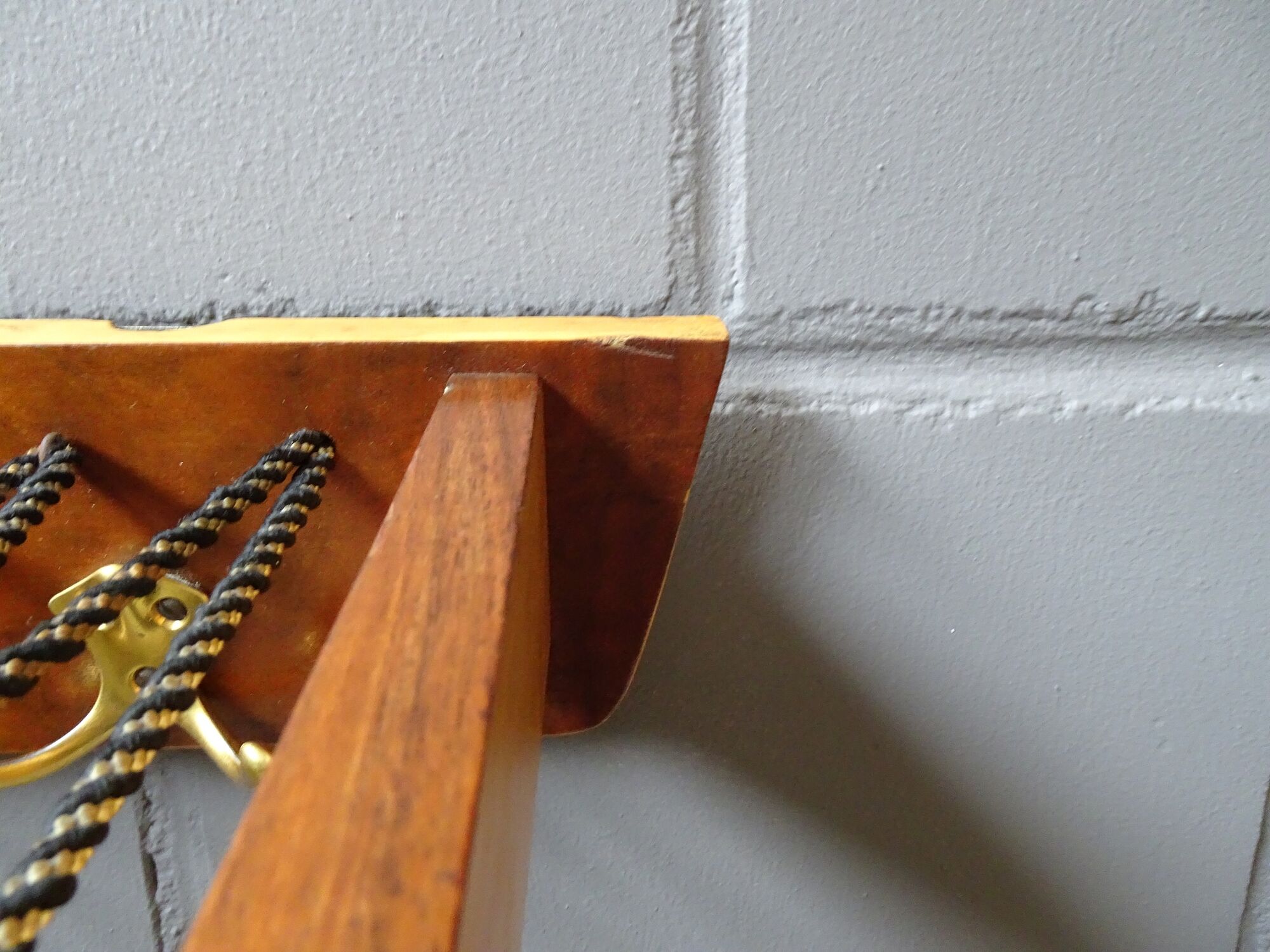 Wall coat rack with hat shelf made of wood and cords, Mid Century coat rack