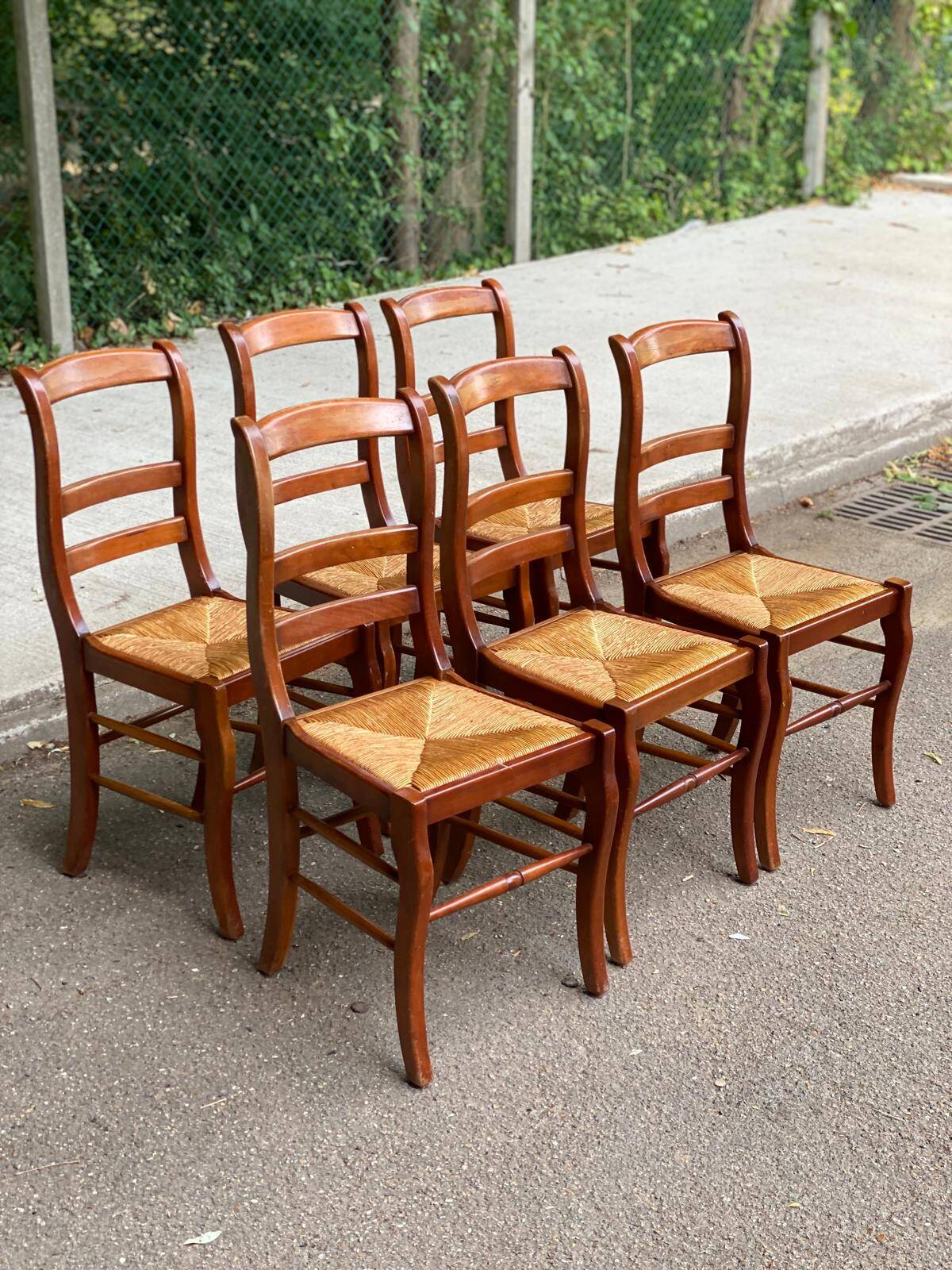 6 solid wood chairs, medium oak, satin and straw
