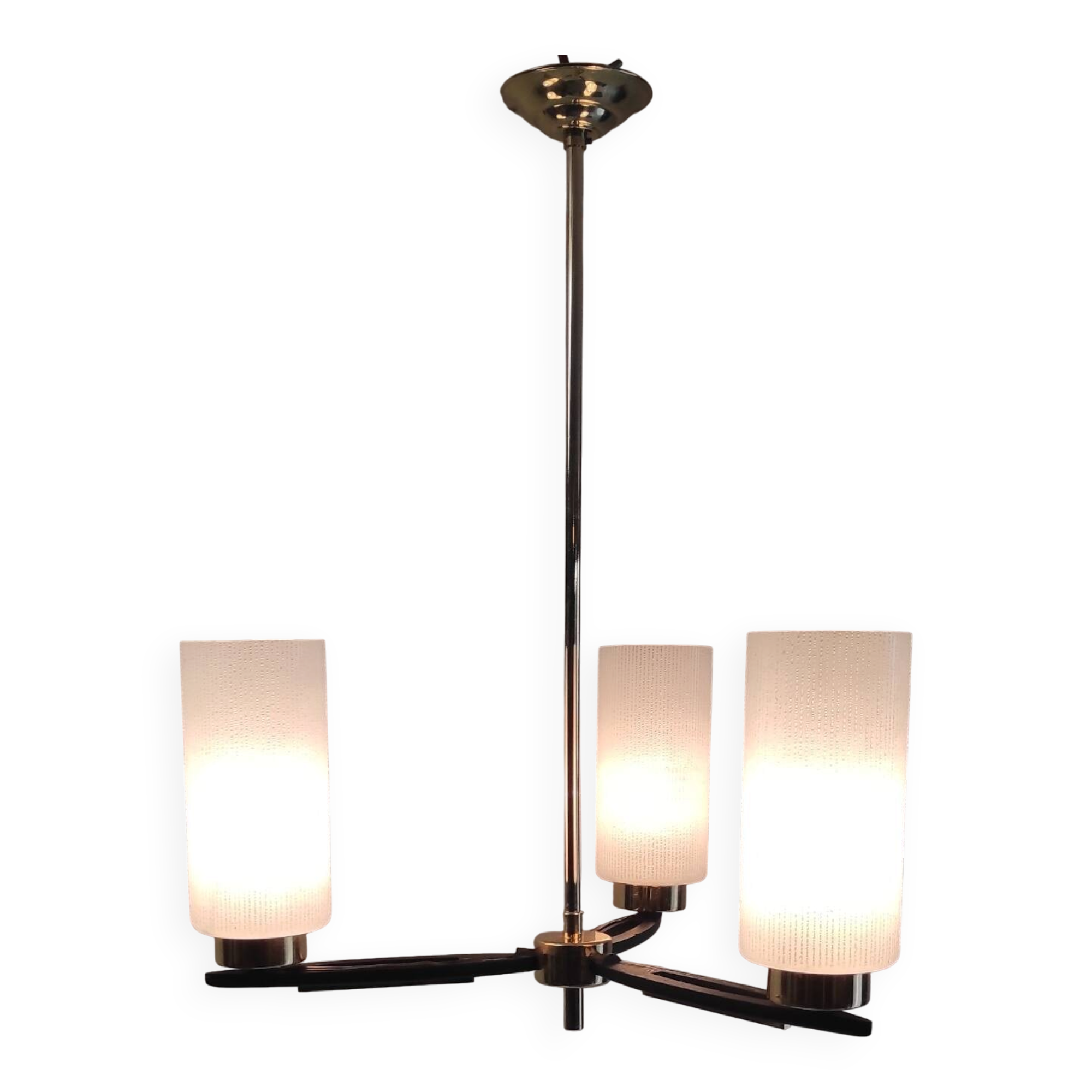 Modernist chandelier with 3 lights in metal, brass, and opaline globe - 1950s
