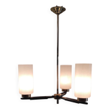 Modernist chandelier with 3 lights in metal, brass, and opaline globe - 1950s