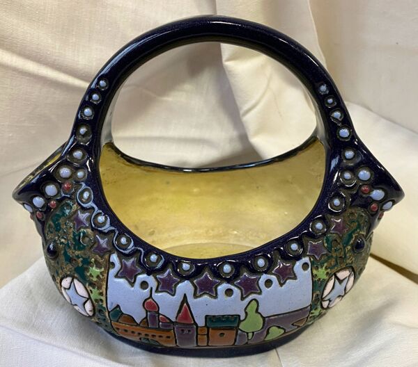Panier en céramique Arts & Crafts Amphora Bohème Tchécoslovaquie 1900