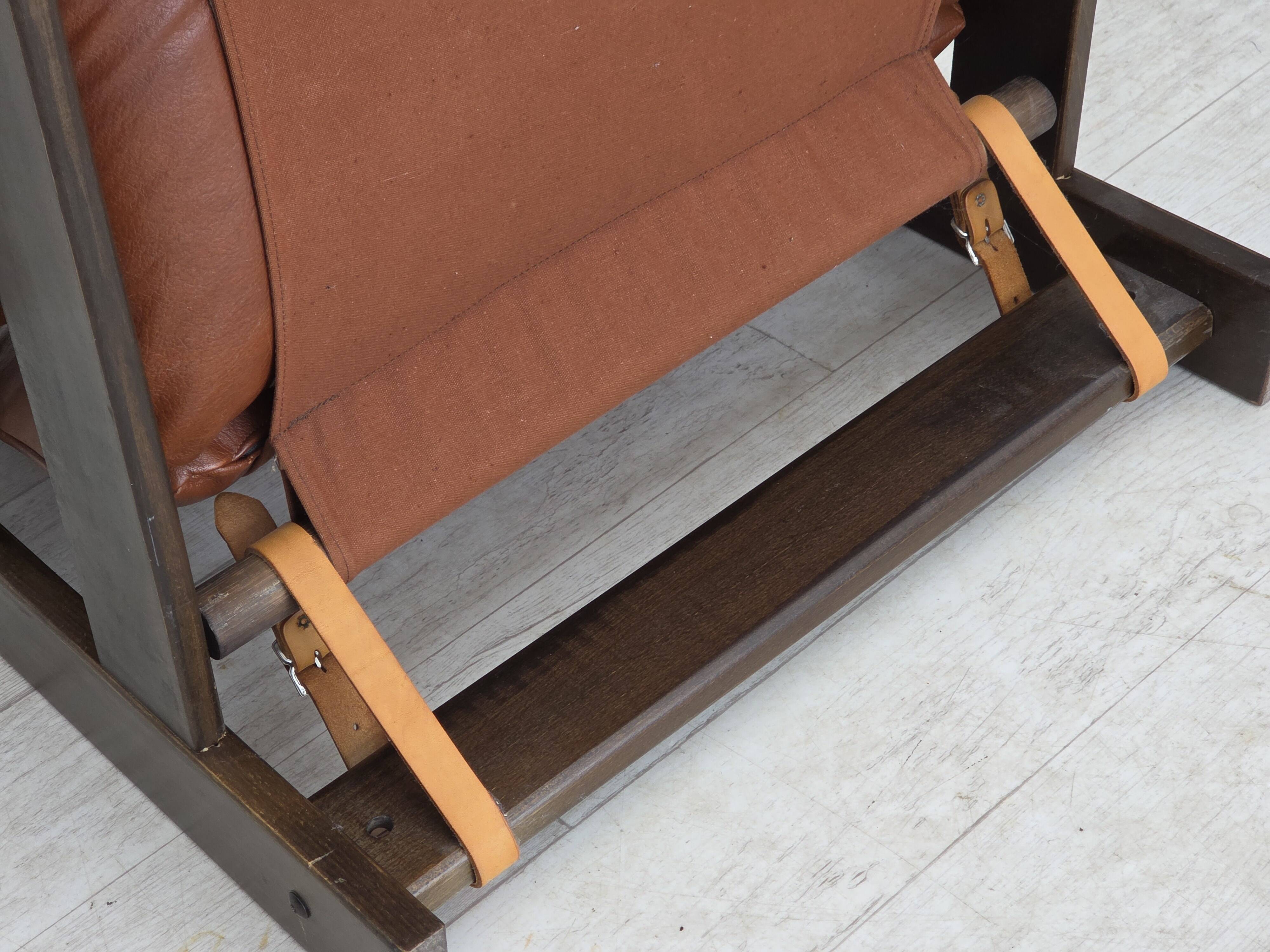 1970s, Scandinavian armchair, furniture leather, canvas, oak wood.
