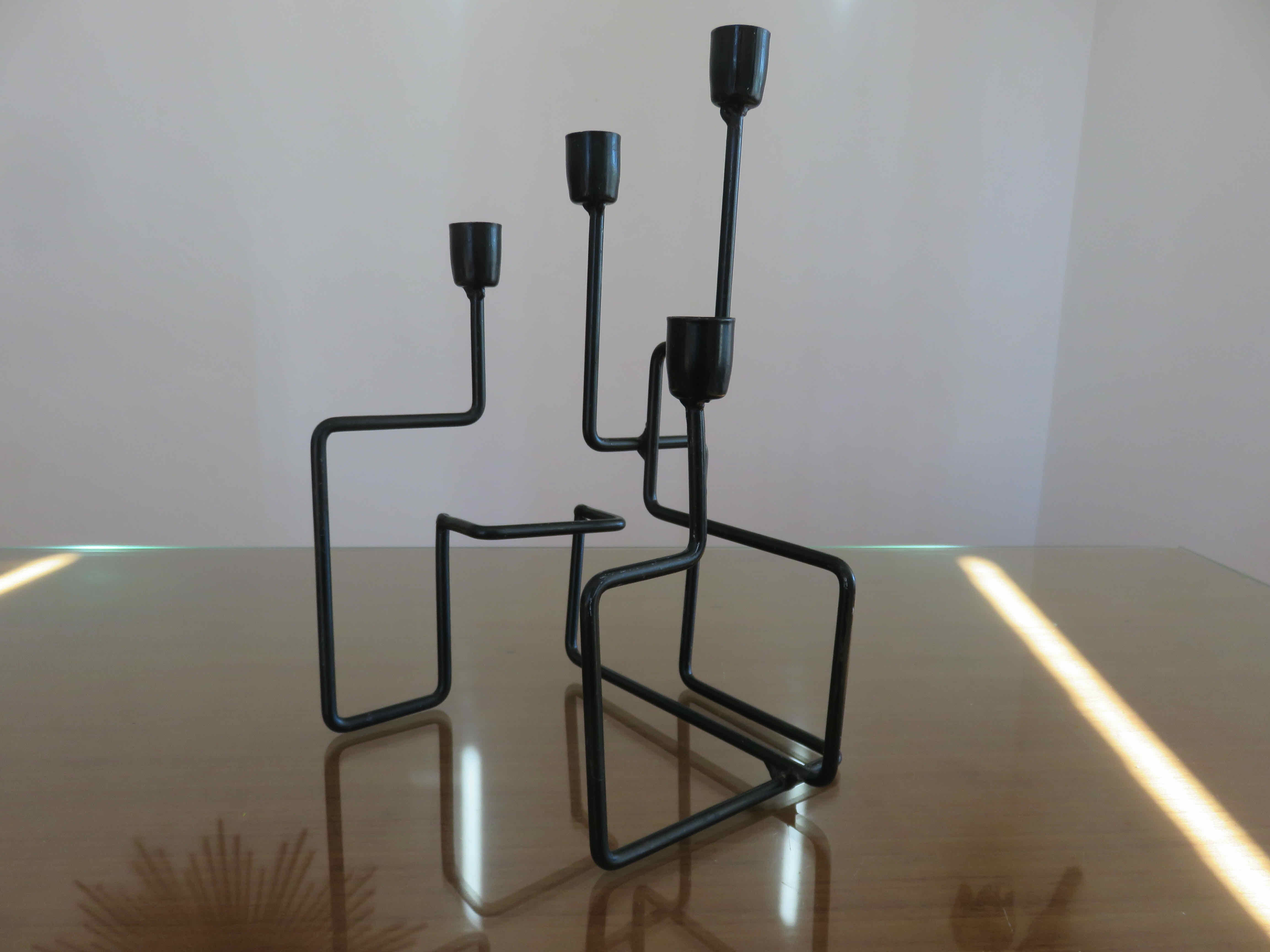 Modernist candle holder in black lacquered metal 1990