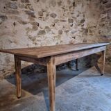 Antique French pine dining table, large farmhouse table on wheels, 19th century.