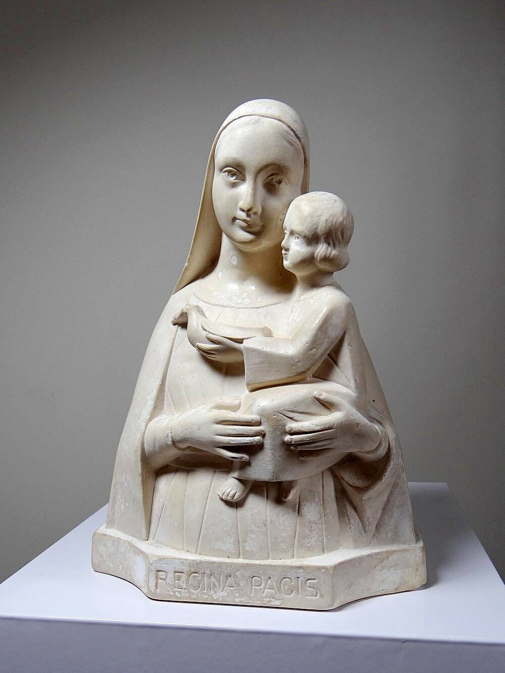 Bust of the Virgin and Child, waxed plaster, old art deco style, PP Deposited
