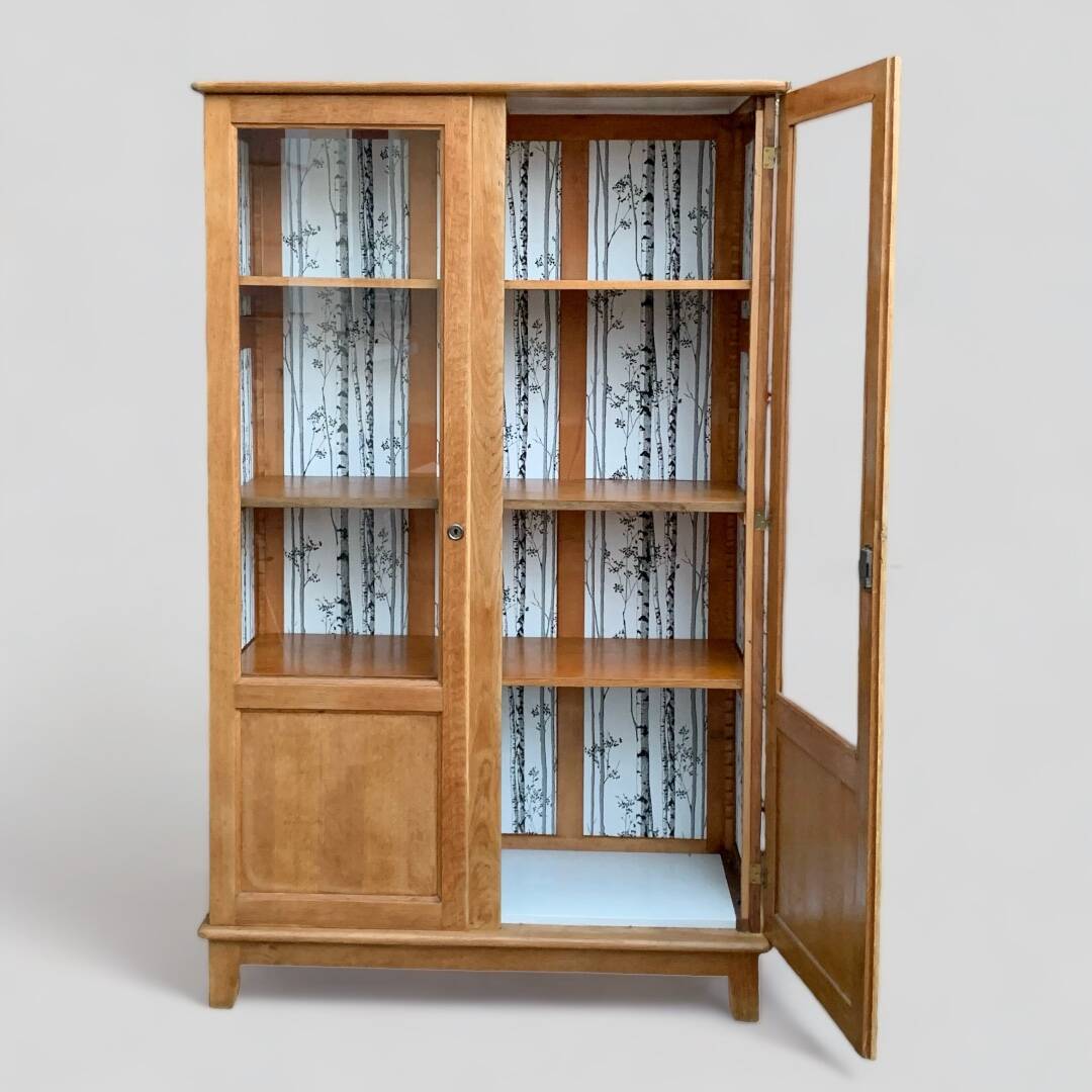 Solid raw oak school glass cabinet 1950
