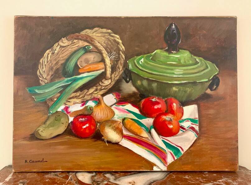 Oil on canvas, Still life "La garbure" signed and countersigned R.CAUMEL 1982