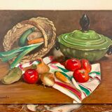 Oil on canvas, Still life "La garbure" signed and countersigned R.CAUMEL 1982