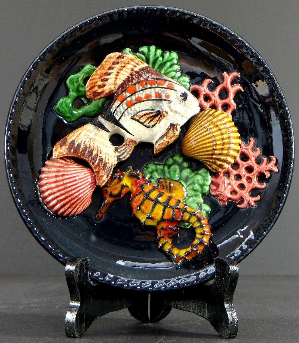 Vallauris, 1950s, Earthenware Plate Decorated With A Fish, A Seahorse And Corals.