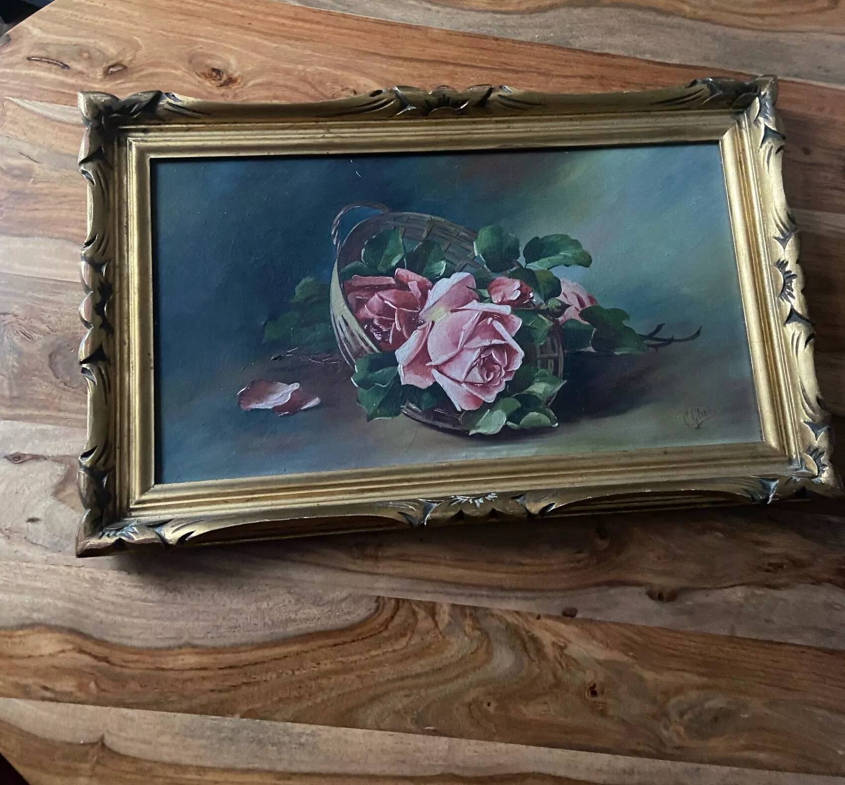 Antique painting - still life with roses - oil painting - 1940s