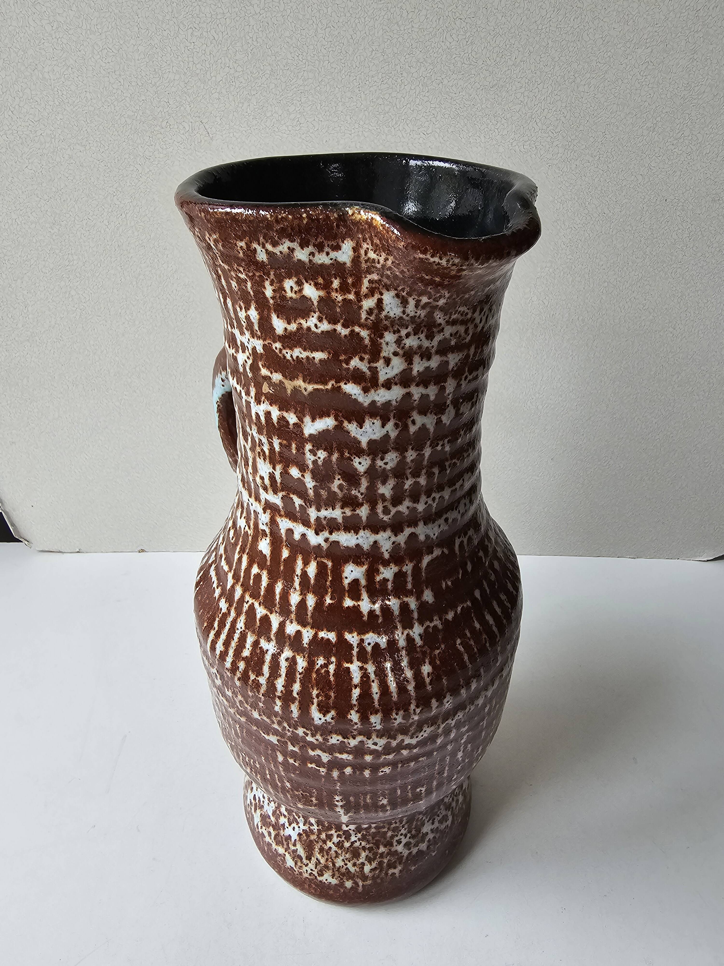 Large brown glazed ceramic pitcher signed accolay - height 31cm