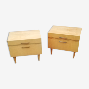Pair of vintage bedside tables 1 flap 1 drawer light wood