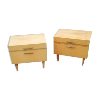 Pair of vintage bedside tables 1 flap 1 drawer light wood