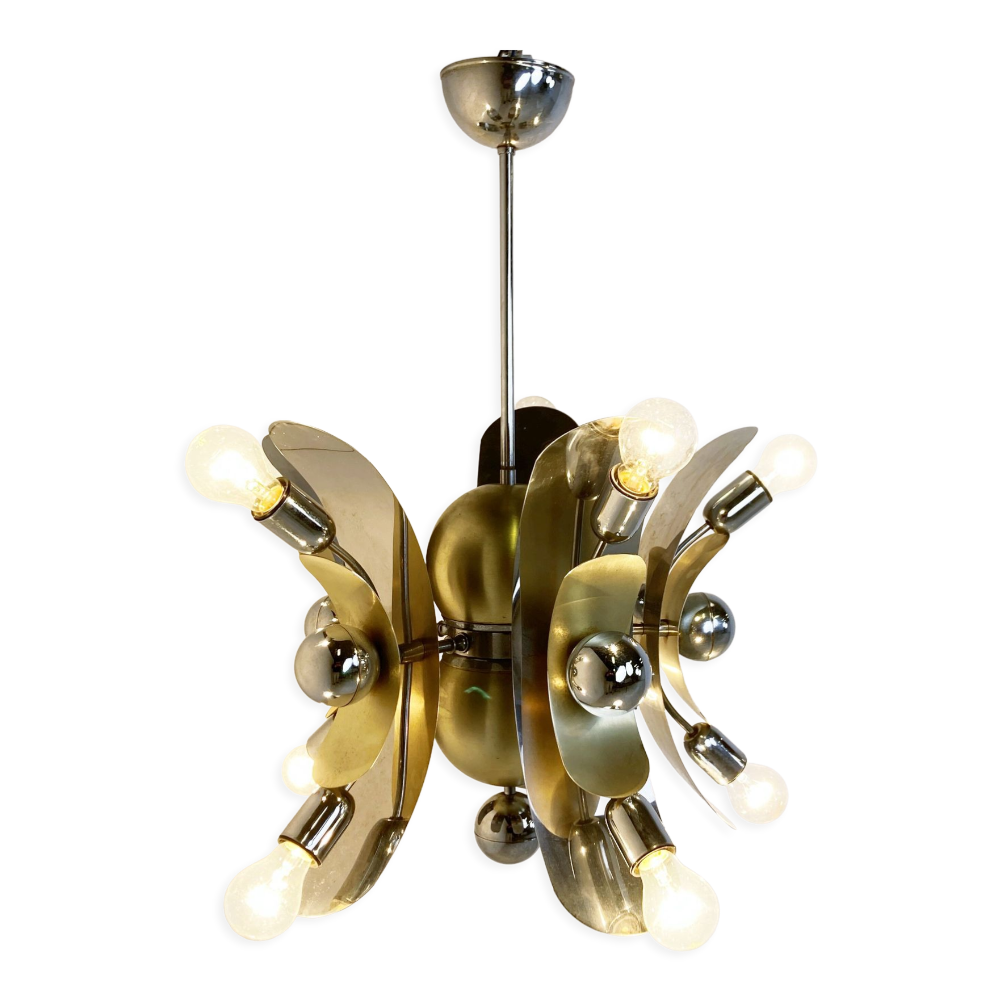 Vintage italian chrome and brass chandelier, 1970s