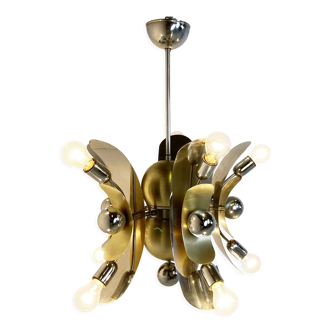 Vintage italian chrome and brass chandelier, 1970s