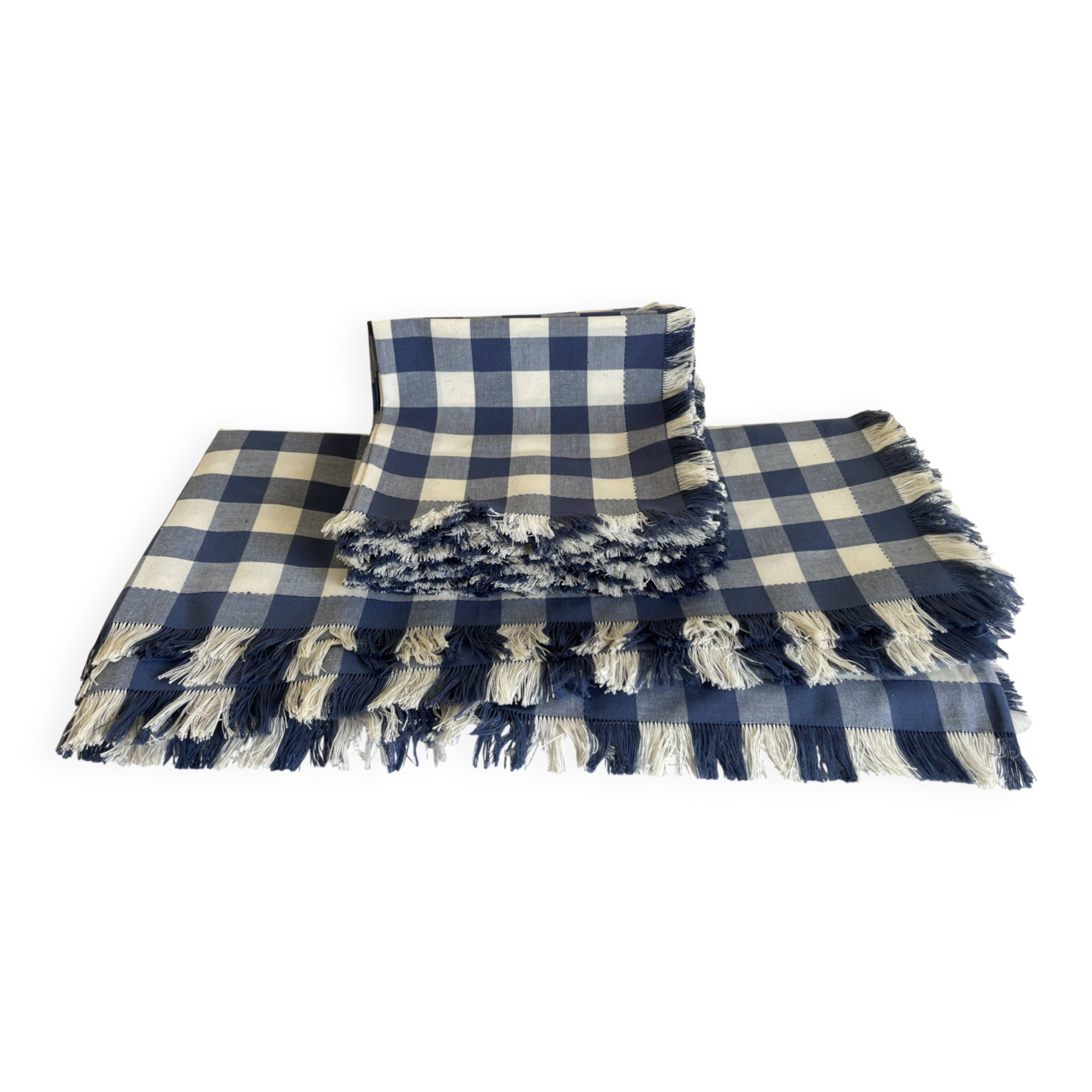 New fringed XL Vichy canvas tablecloth with 14 napkins, width 210cm.