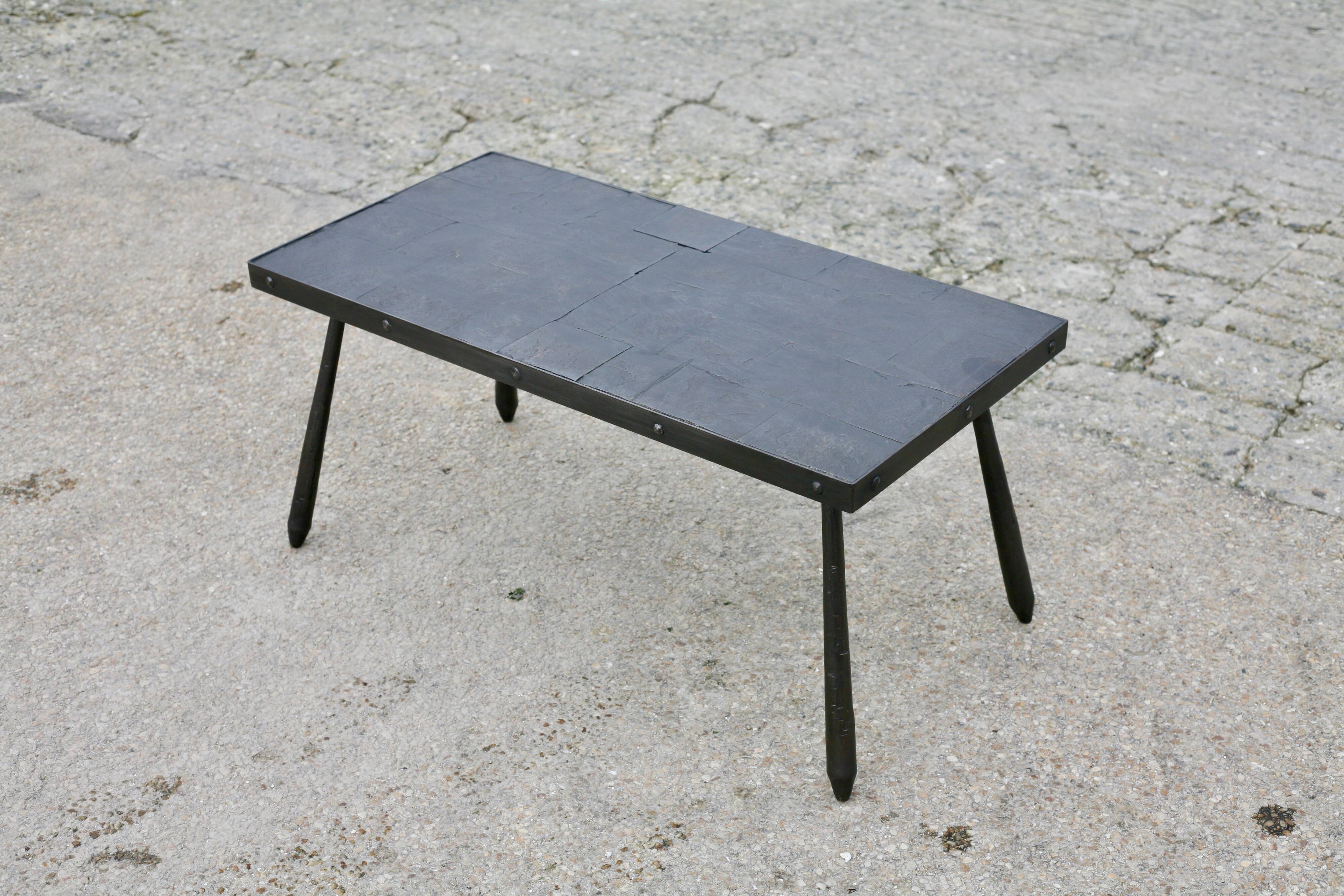 Brutalist coffee table, slate top and steel base, France, 1960s