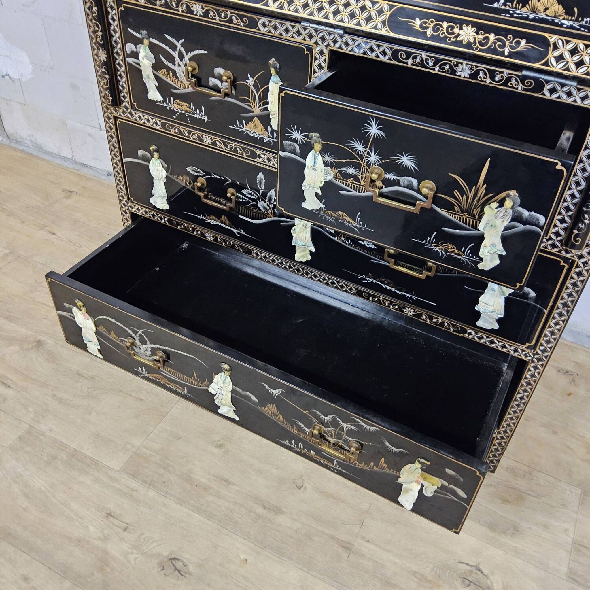 Vintage Chinese lacquer secretary desk with mother-of-pearl