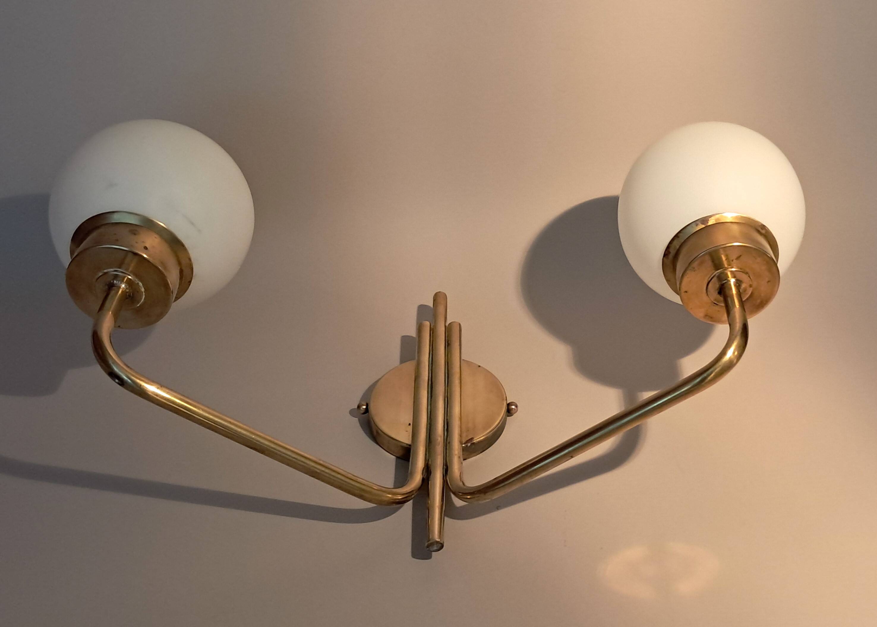 Brass and opaline two-light wall lamp, 1960