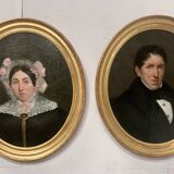 Oil on canvas Pair of portraits in gilded oval frames, 19th century
