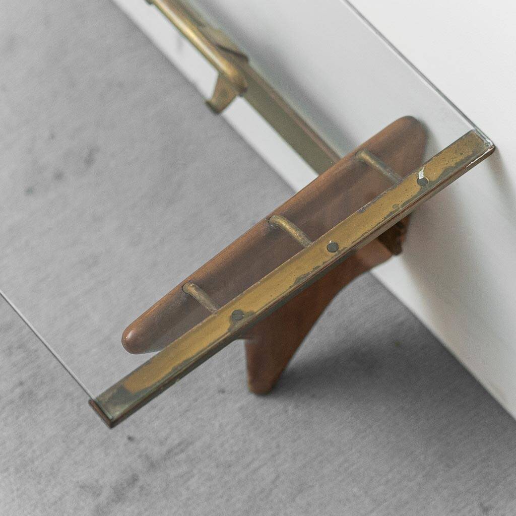 Wall coat rack in wood and glass, 1950s vintage modernism