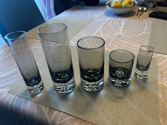 Set of black smoked glasses with large bubbles from the 1970s.