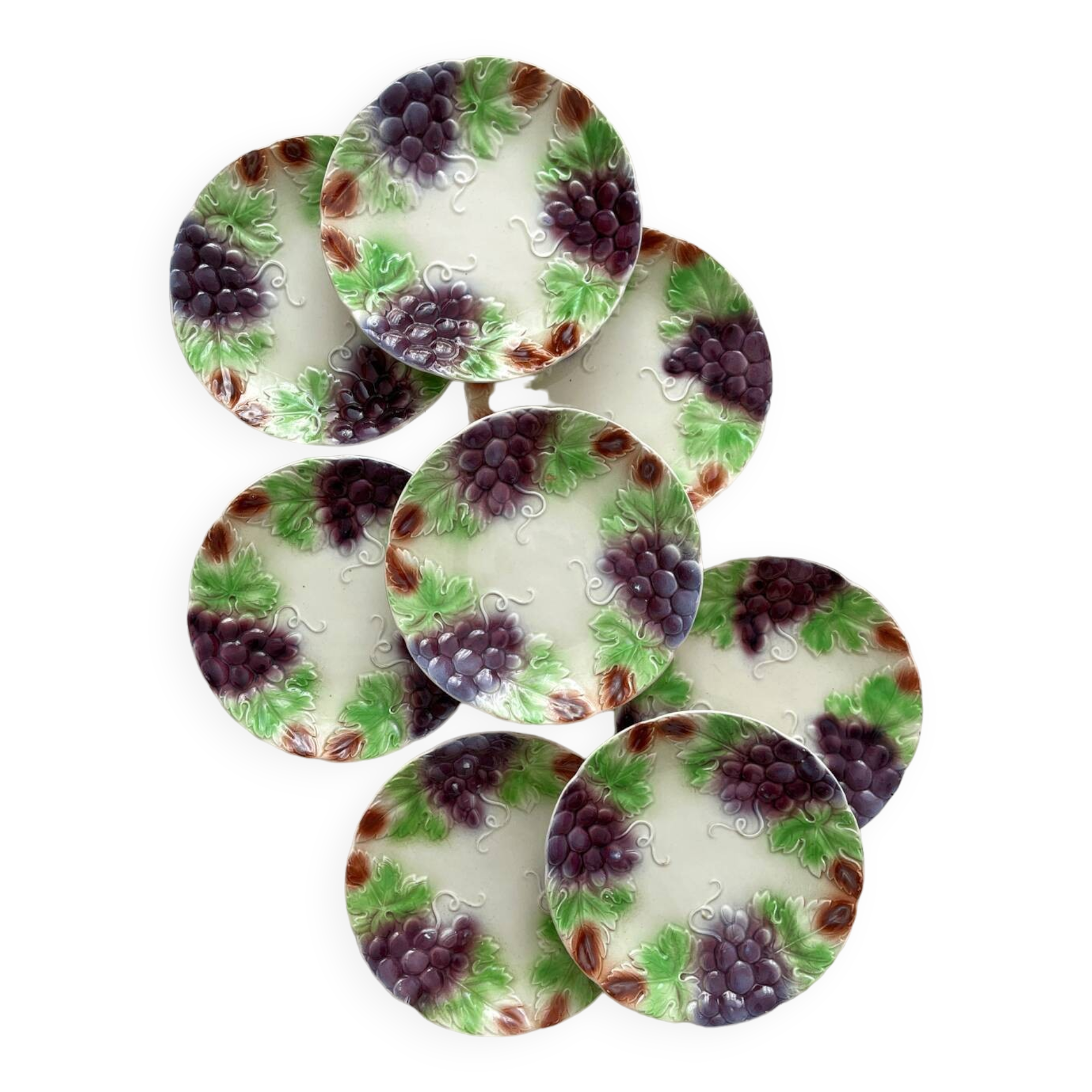 8 antique earthenware dessert plates with grapes