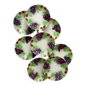 8 old earthenware dessert plates in barbotine grapes