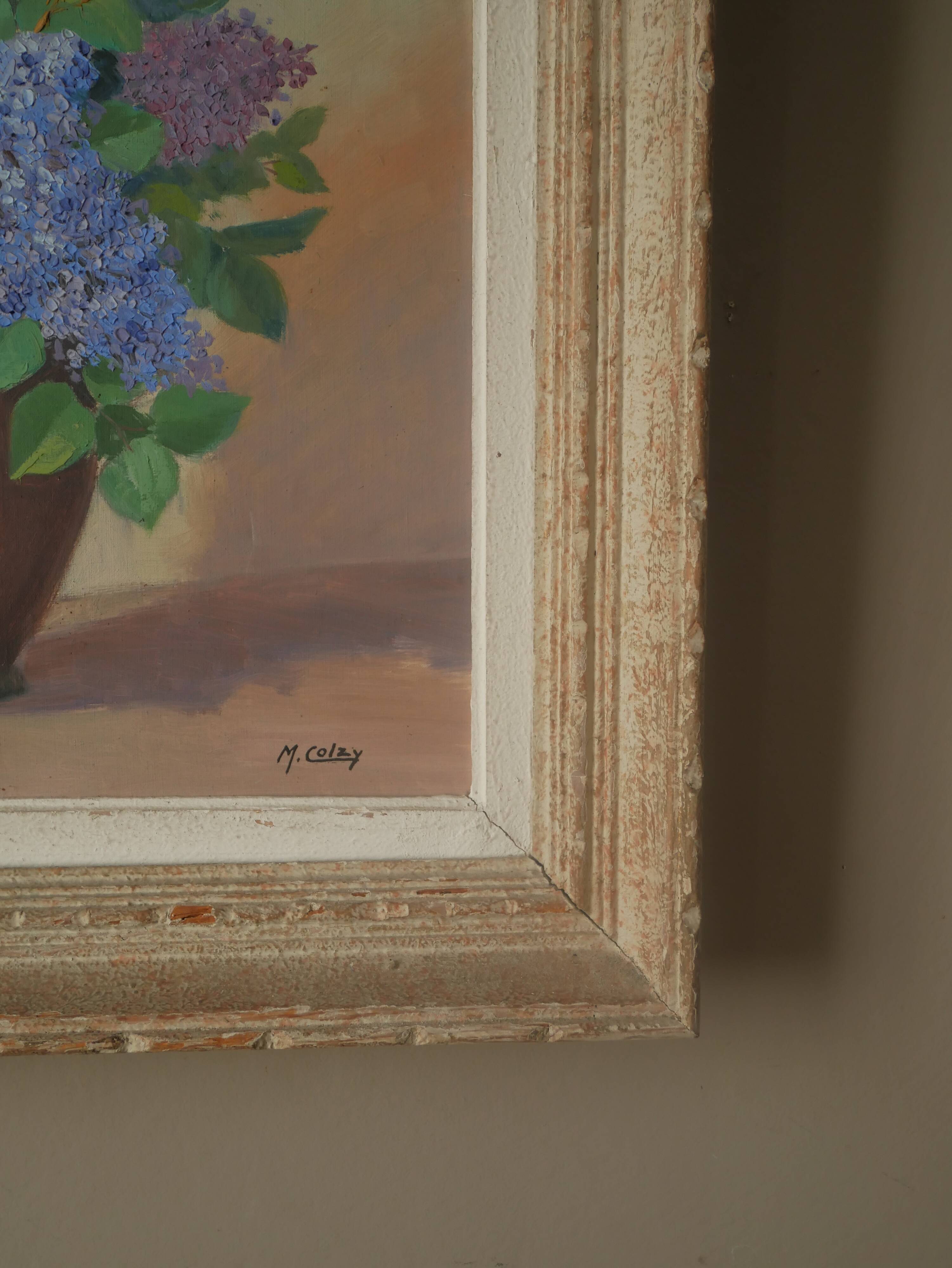 Painting acrylic painting on canvas bouquet lilac flowers decoration countryside old still life