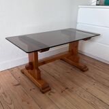 Pine coffee table with smoked glass top.