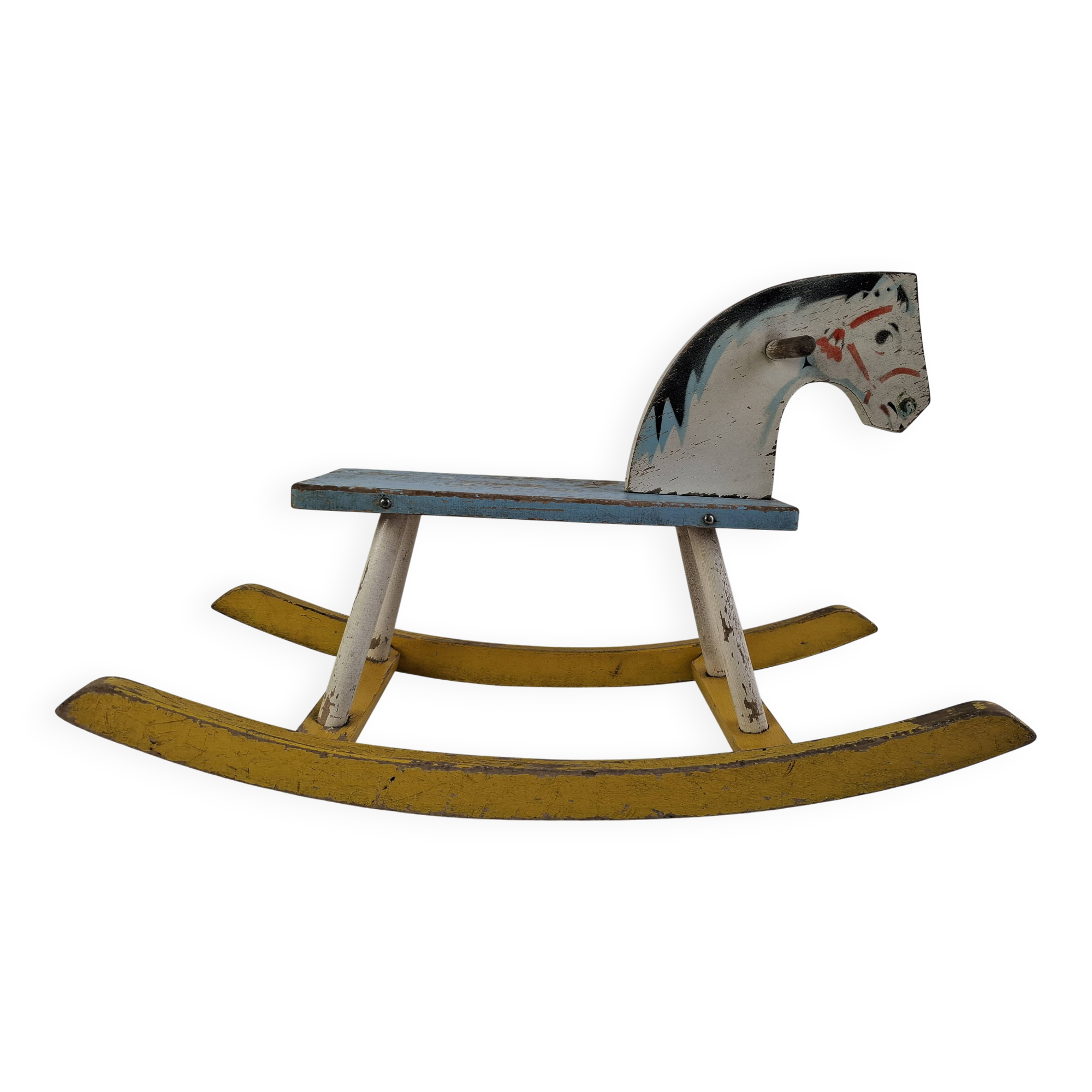 Mid-Century Czechoslovak Wooden Rocking Horse, Hand-Painted, 1960s