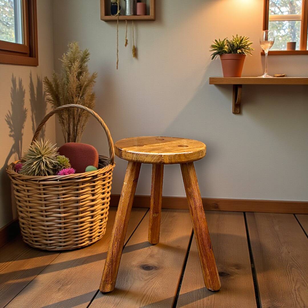 Tabouret tripode brutaliste en bois massif signé Gilson –  années 50