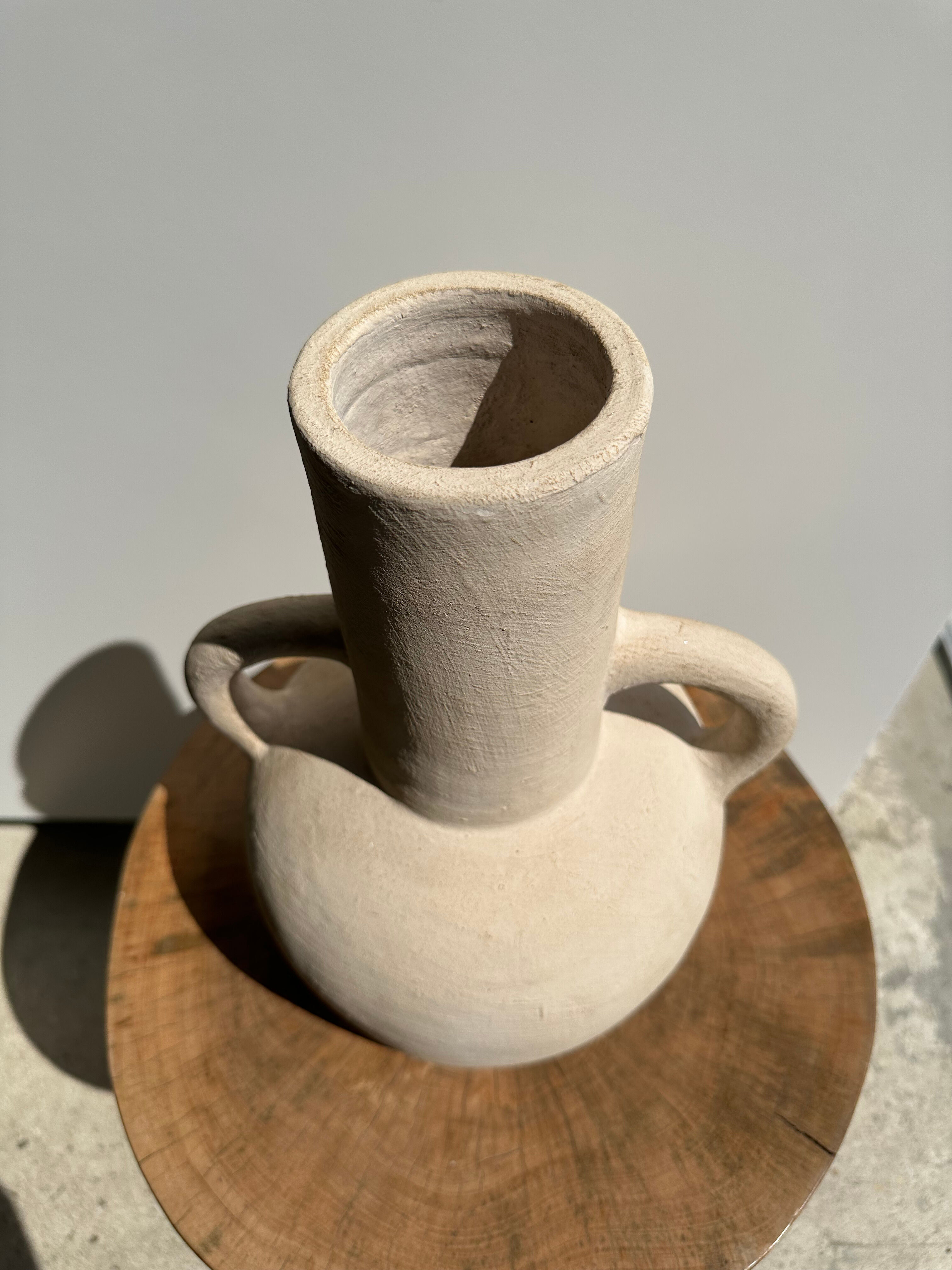 Handmade terracotta vase painted in beige with double handles h:32 d:25