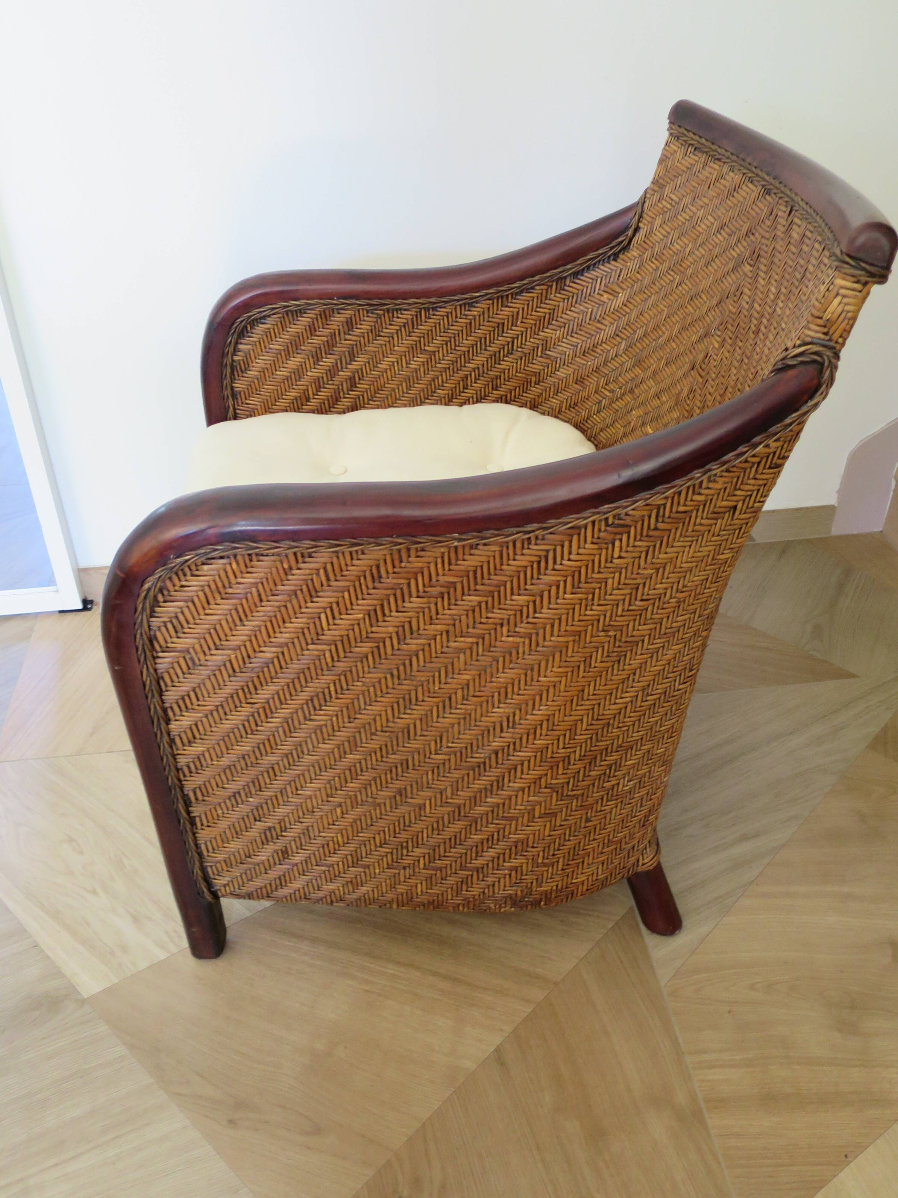 Colonial style armchair - woven rattan and exotic wood - vintage
