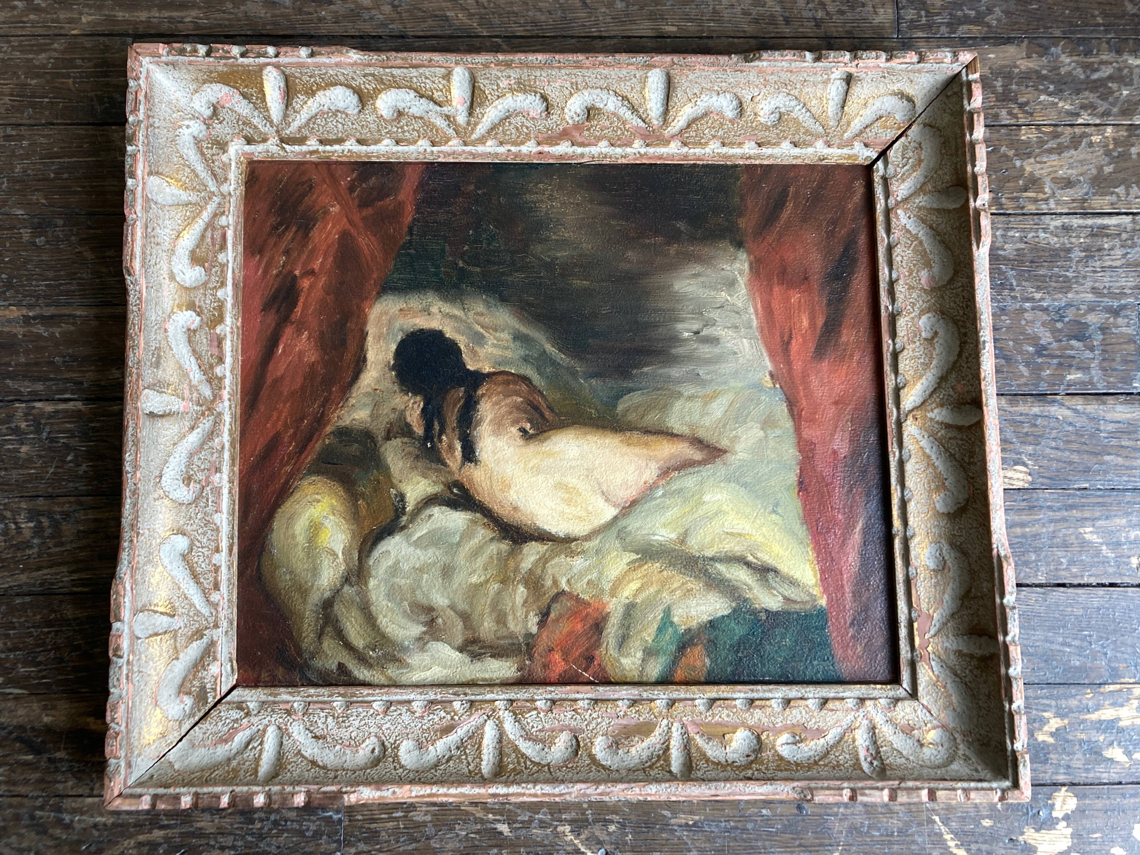 Odalisque au rideau rouge huile sur bois vers 1950