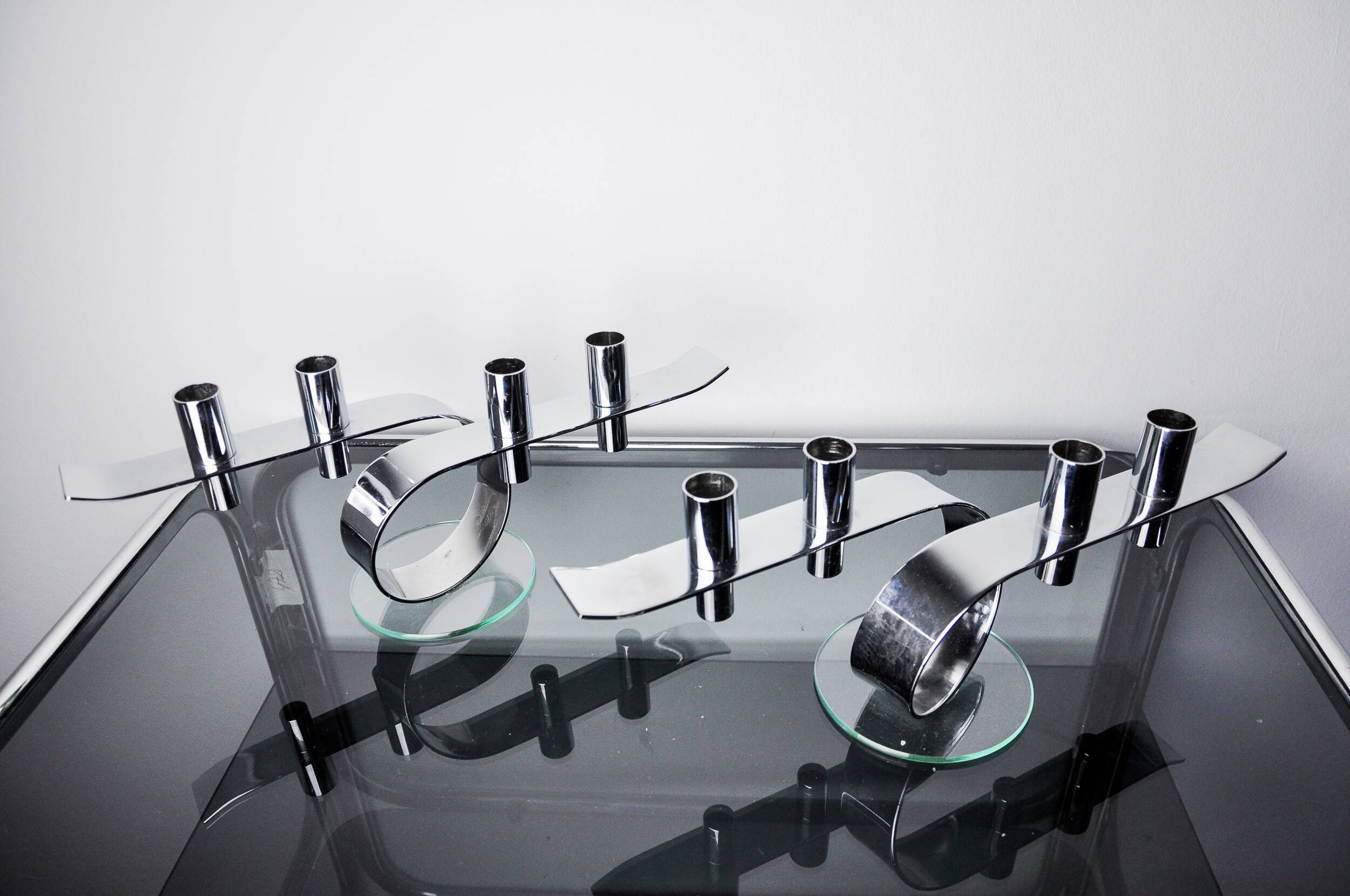 Pair of space-age 4-flame candlesticks, glass and metal, Germany, 1980