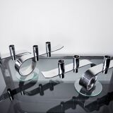 Pair of space-age 4-flame candlesticks, glass and metal, Germany, 1980