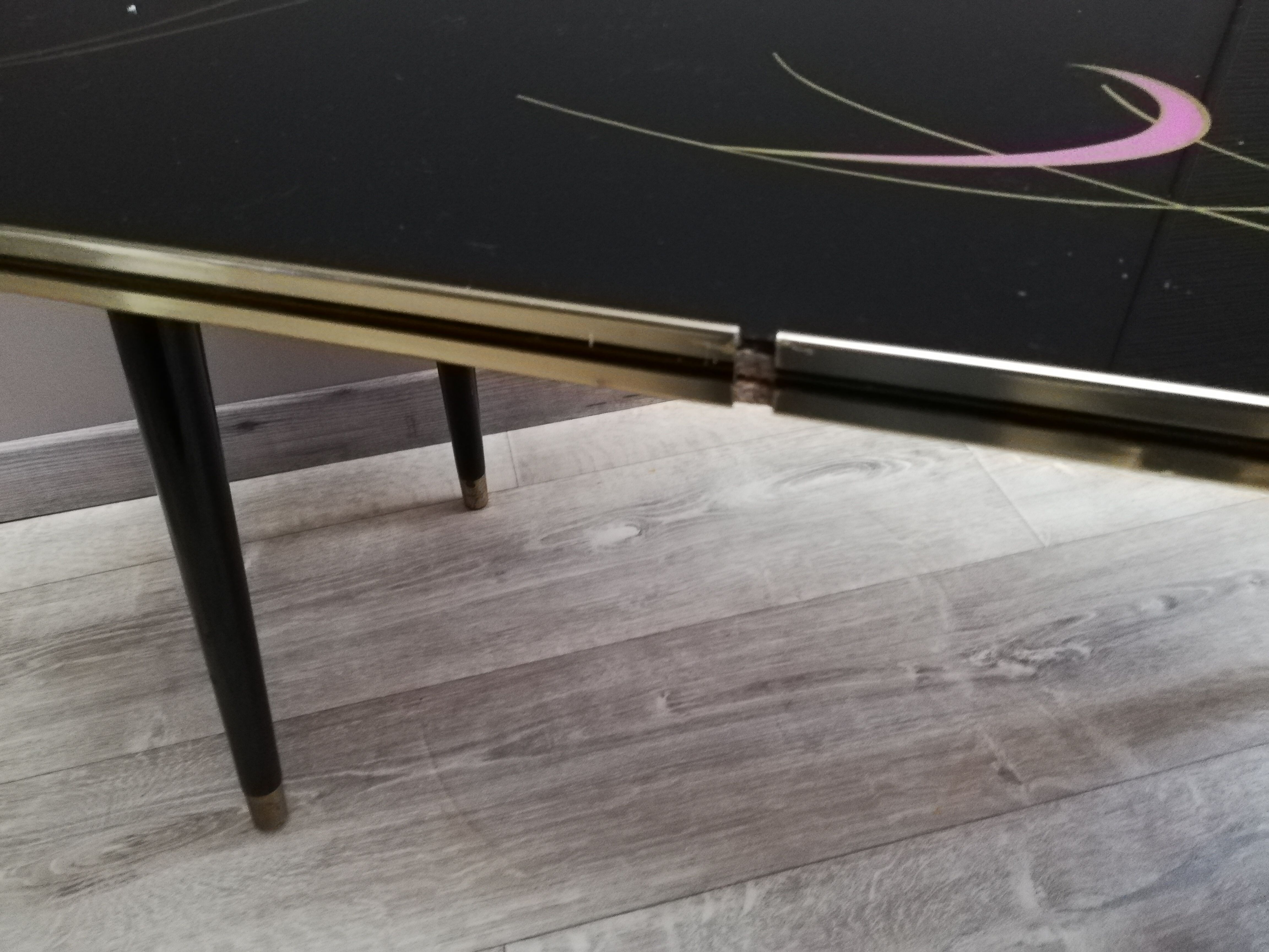 Table basse pieds compas plateau verre vintage 50/60