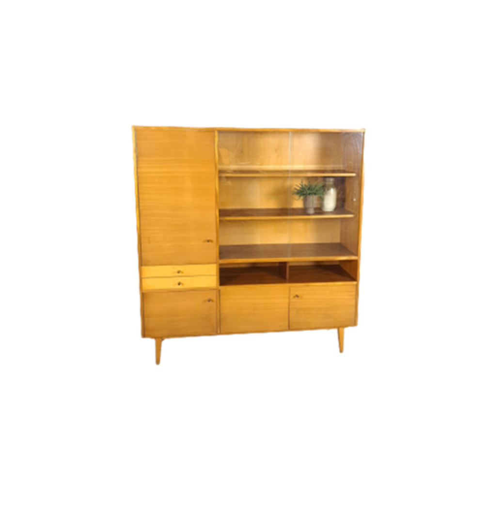 Vintage wooden sideboard with sliding glass doors and drawers