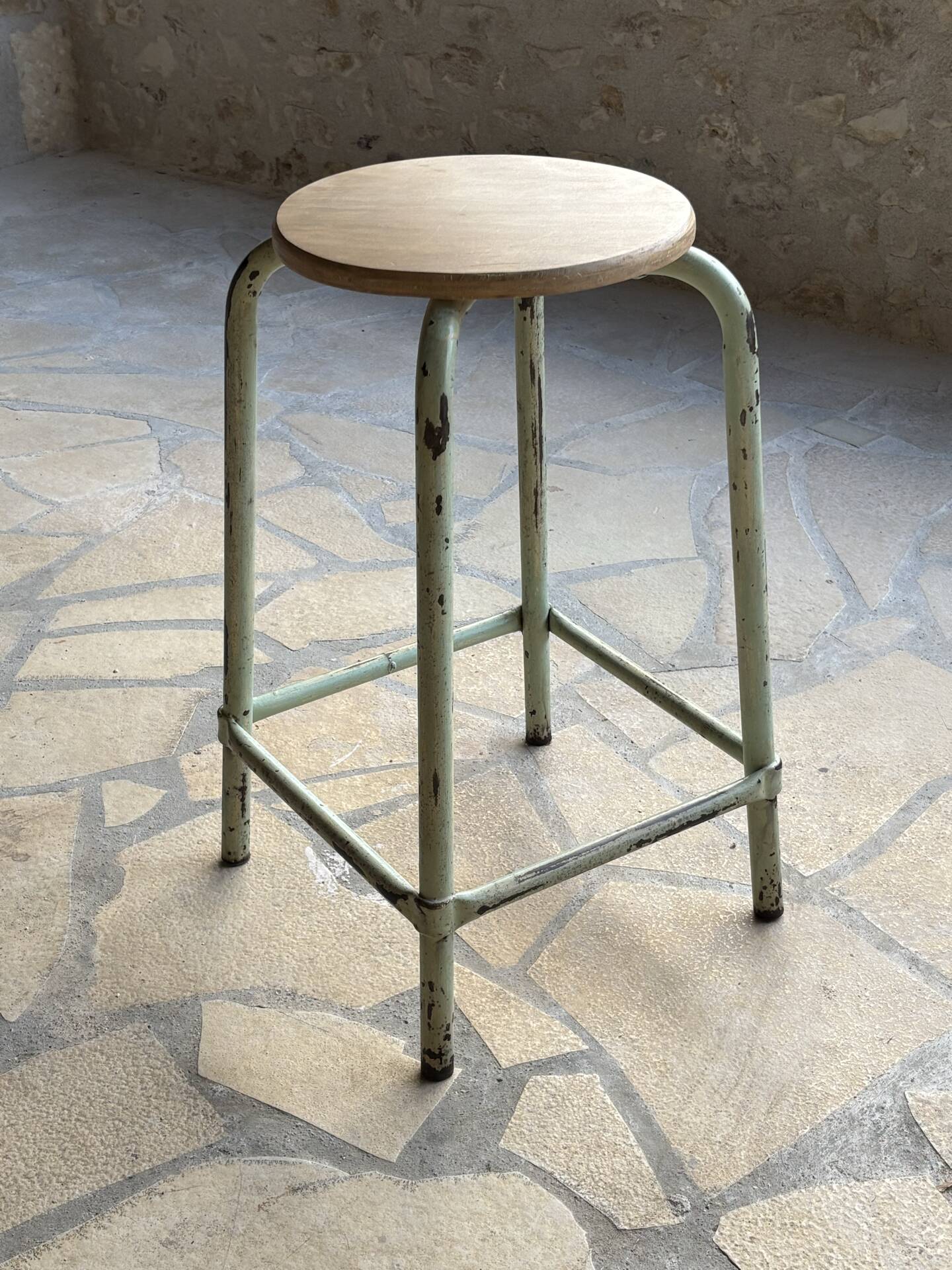 Vintage metal and beech school stool - restored