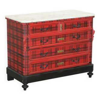 Victorian Commode with Tartan Upholstery and Marble Top