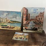 Lot of 3 oils on canvas Faraoni - Venice