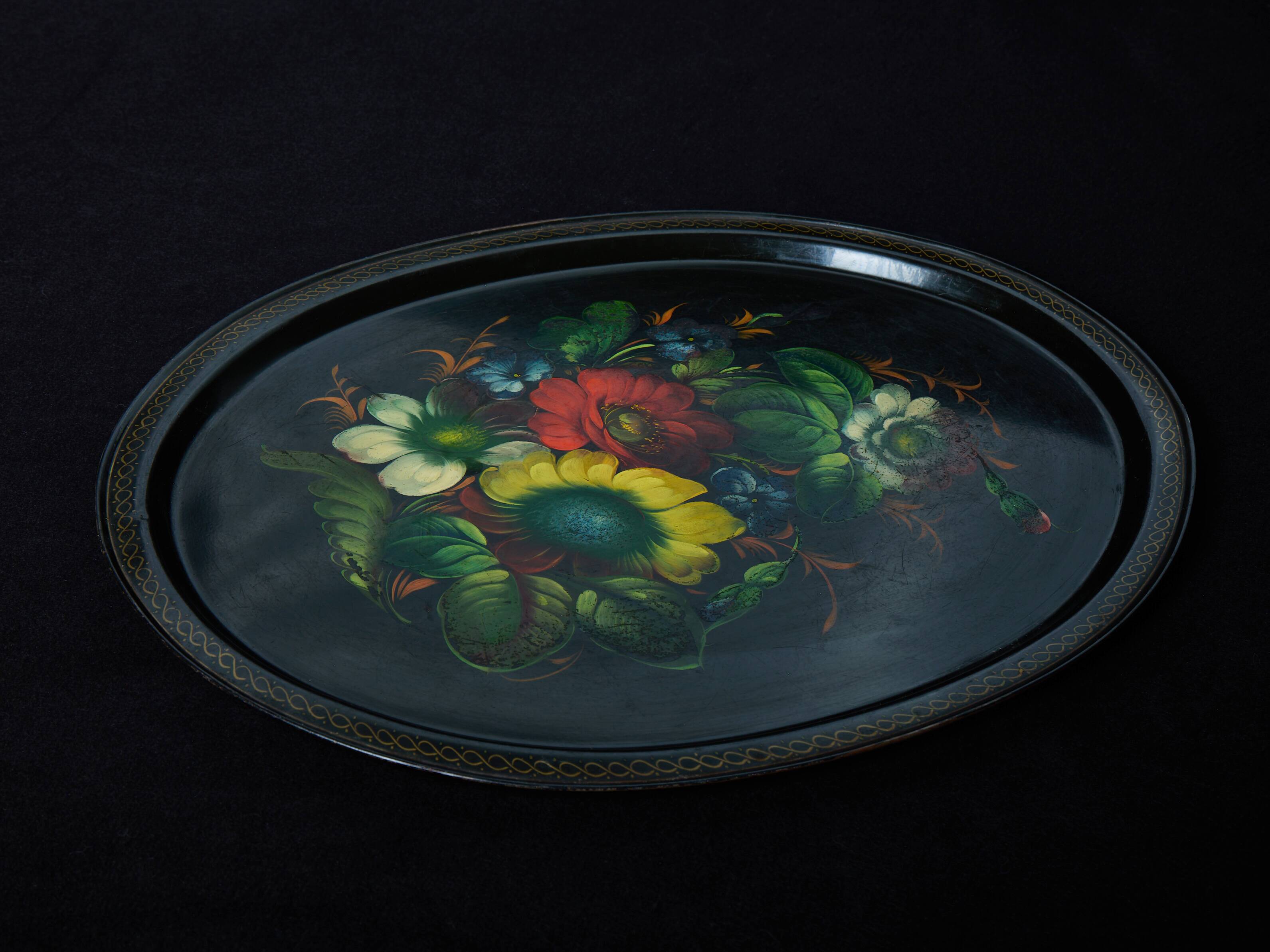 Beautiful antique hand-painted metal tray - colorful floral pattern