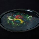 Superbe plateau ancien en métal peint à la main – motif floral coloré
